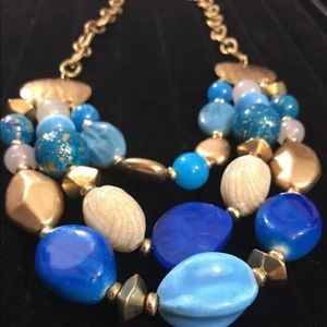 Vintage Blue & Gold Three Strand Bead 8.5”To 11.5”